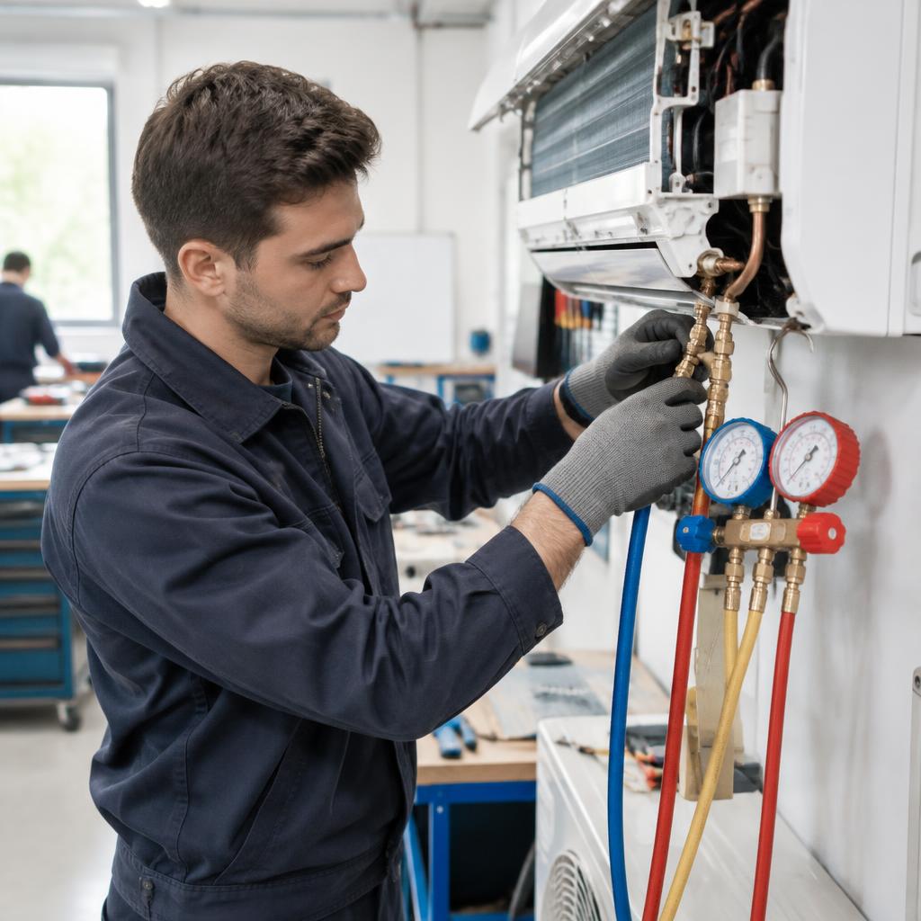 Technicien manipulant un circuit frigorifique avec manomètres