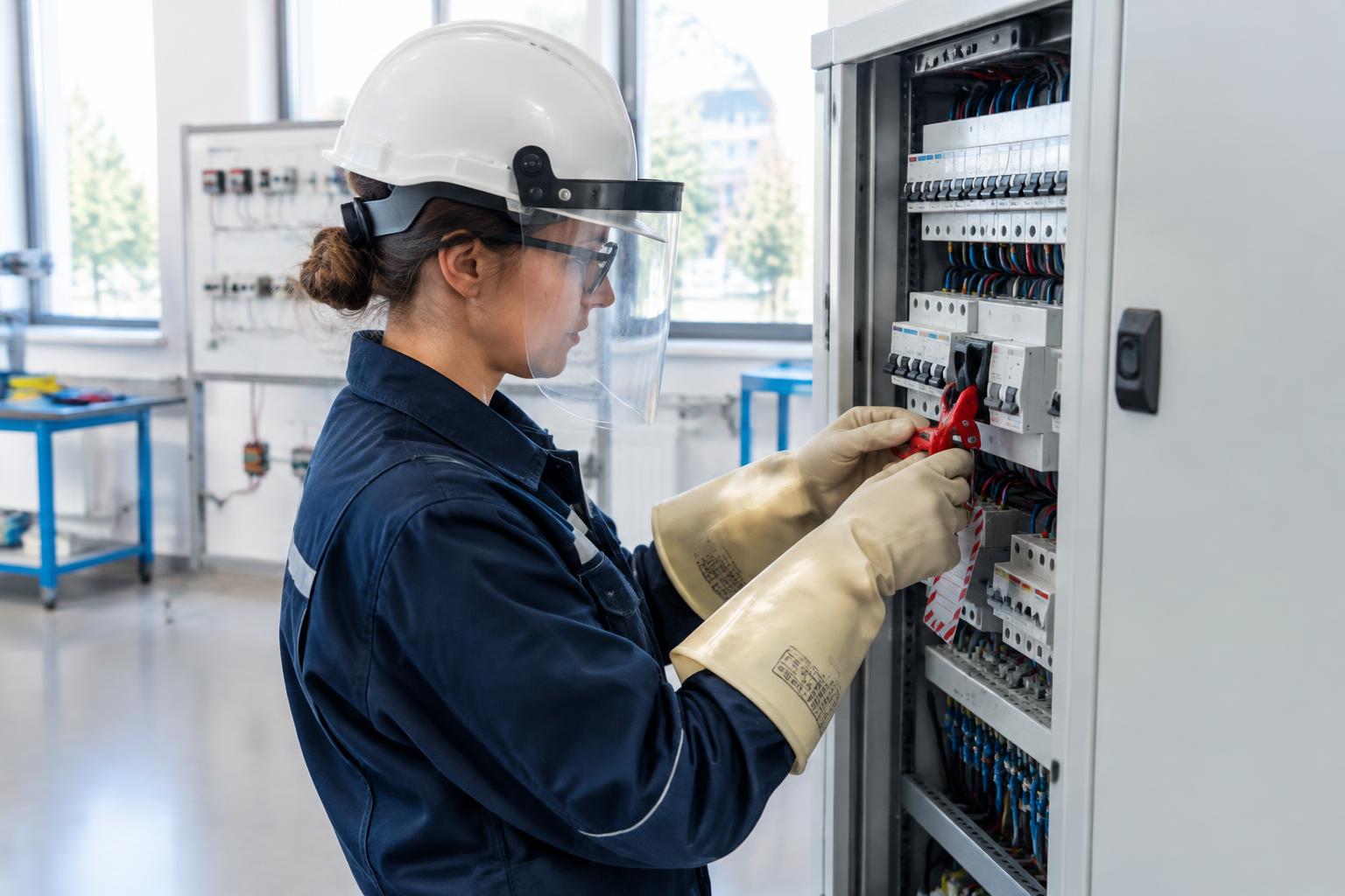 Électricienne en équipements de protection réalisant une consignation sur une armoire basse tension