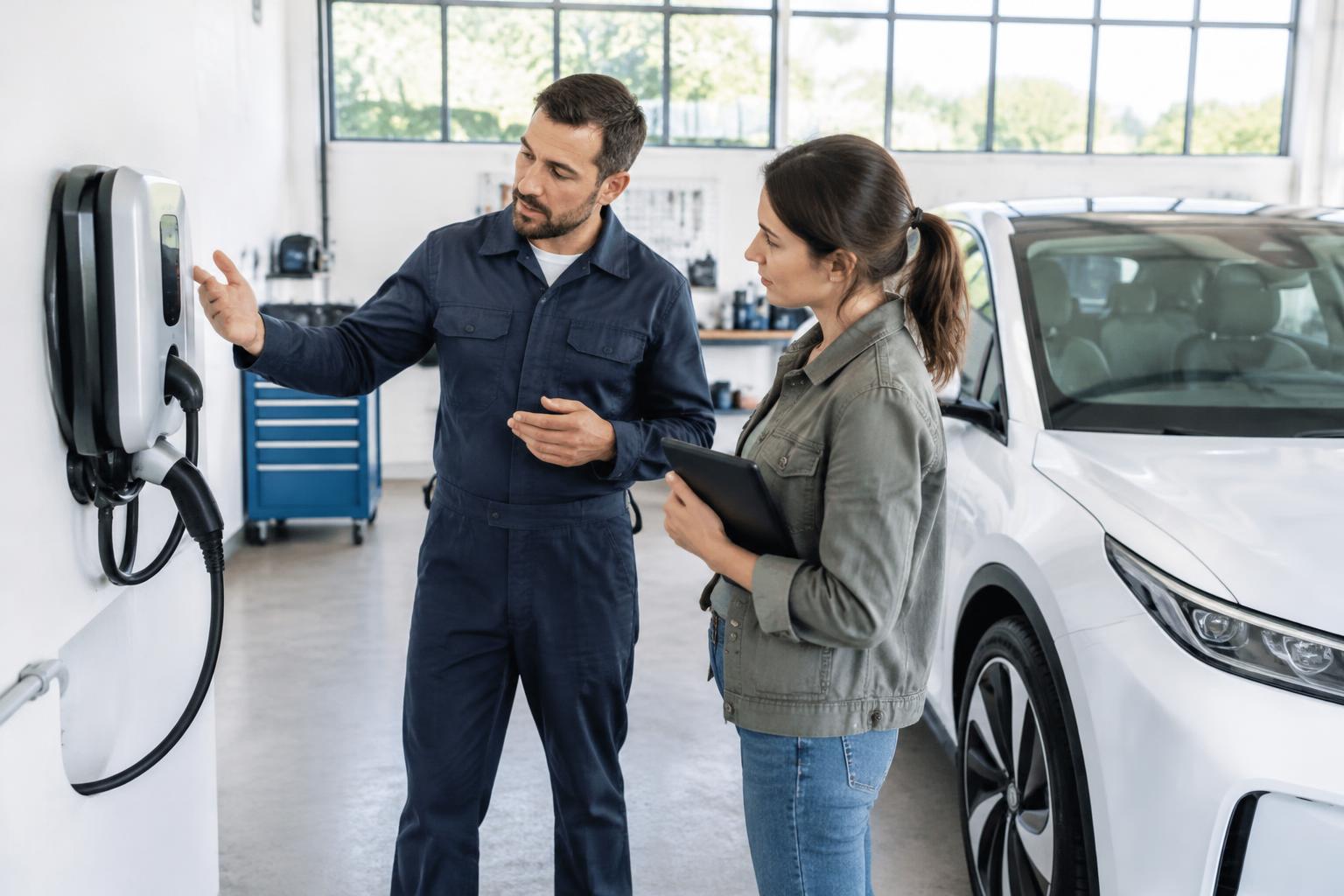 Professionnels devant des bornes de recharge de véhicules électriques