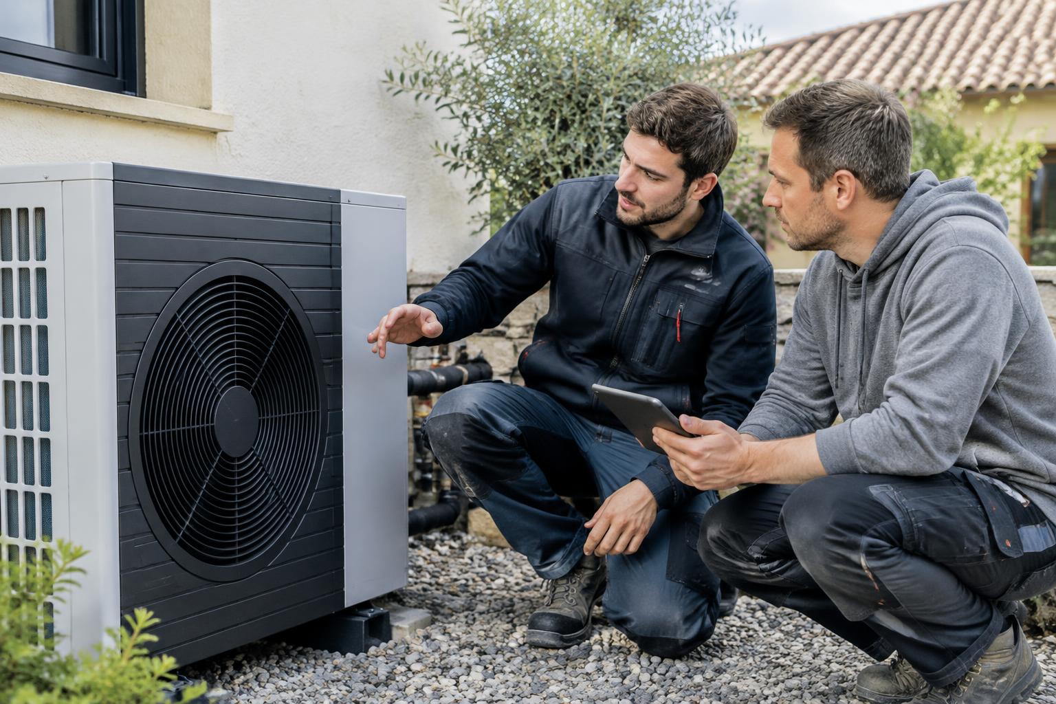 Professionnels près d’une pompe à chaleur en habitat individuel